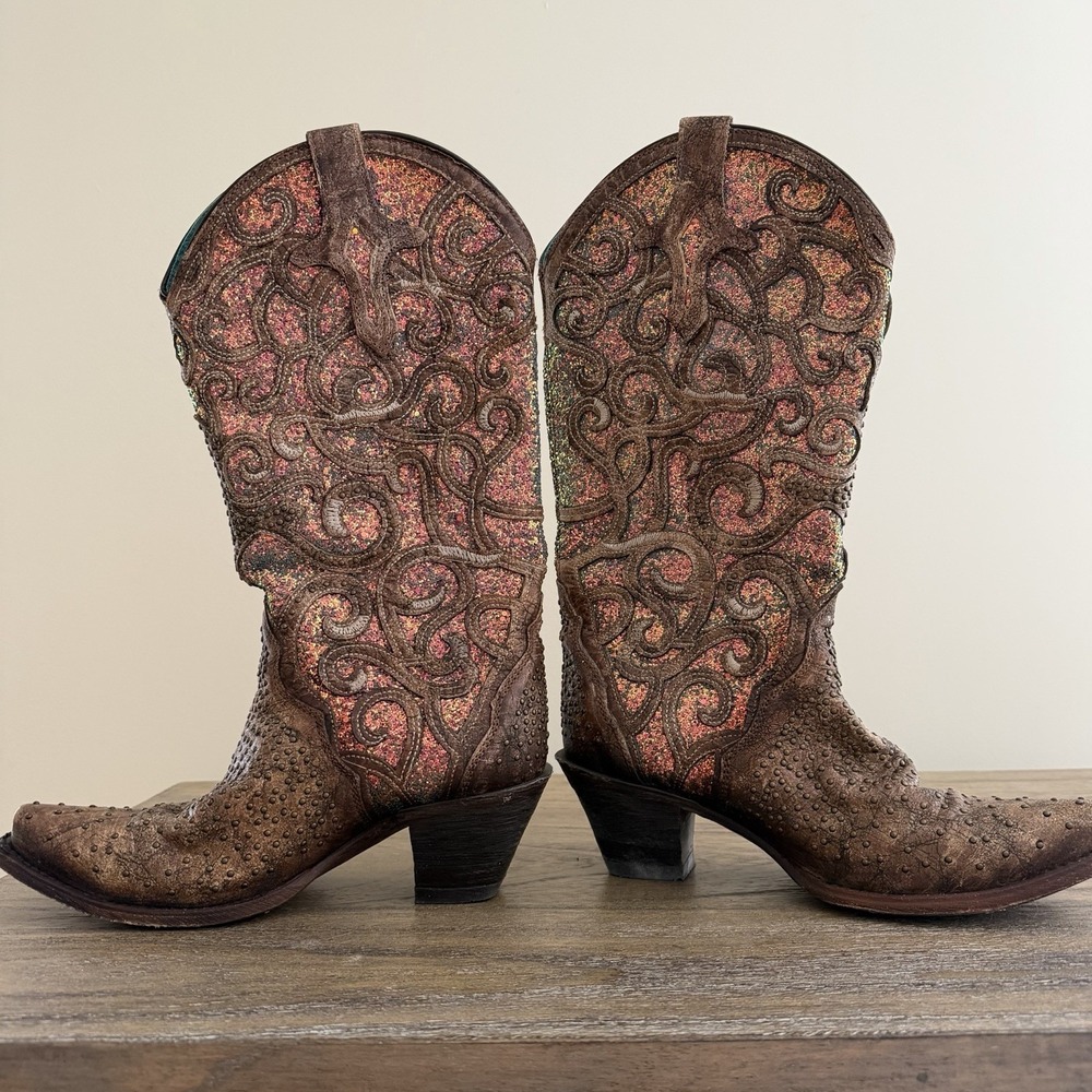 Corral Women's Cognac Glitter Inlay Western Boot Snip Toe - C3467 6.5 M US